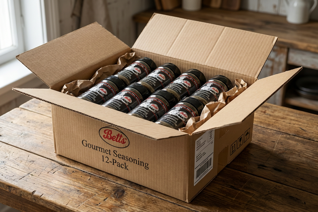 Box of Bett's Gourmet Seasonings on a wooden table